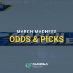 Basketball court with NCAA March Madness branding and text “Odds & Picks.”