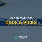 Basketball court with NCAA March Madness branding and text “Odds & Picks.”
