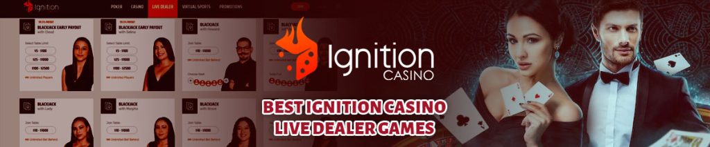 Ignition Casino logo and best ignition casino live dealer games text centered with live dealer and casino imagery in background