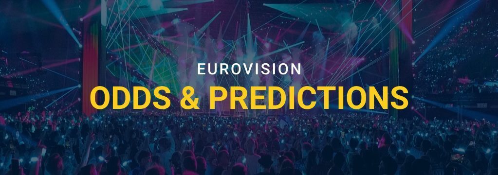Feature image showing a large concert crowd and colorful stage lights at a Eurovision performance with overlay text reading “Eurovision Odds & Predictions.”