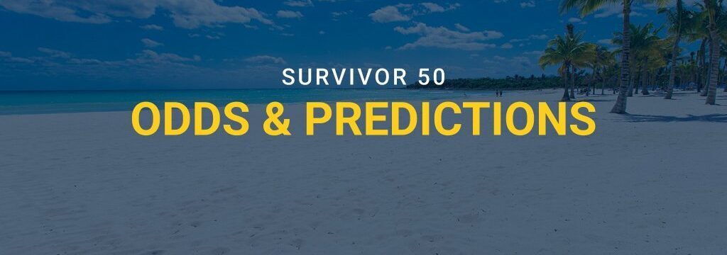 Survivor 50 odds and predictions graphic with tropical beach background and GamblingSites.com logo