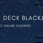 Single Deck Blackjack text centered with blackjack table imagery to left and right