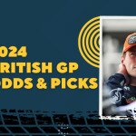 2024 British Grand Prix Odds text centered, Max Verstappen and Lando Norris to right, George Russell to left