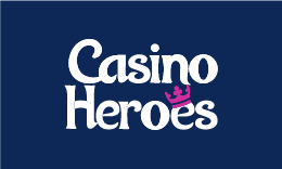 Casino Heroes logo, purple crown with white text on a dark blue background
