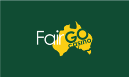 Fair Go Casino Logo, yellow outline of Australia with white and green text on a green background