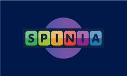 Spinia Casino logo, green, yellow, orange, purple, and blue text over a purple circle and dark blue background