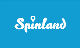 Spinland logo, white text on blue background