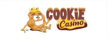 Cookie Casino logo, cookie with arms and legs wearing a crown, brown and yellow text on a white background