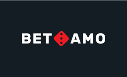 Betamo logo, white text and red dice on dark background