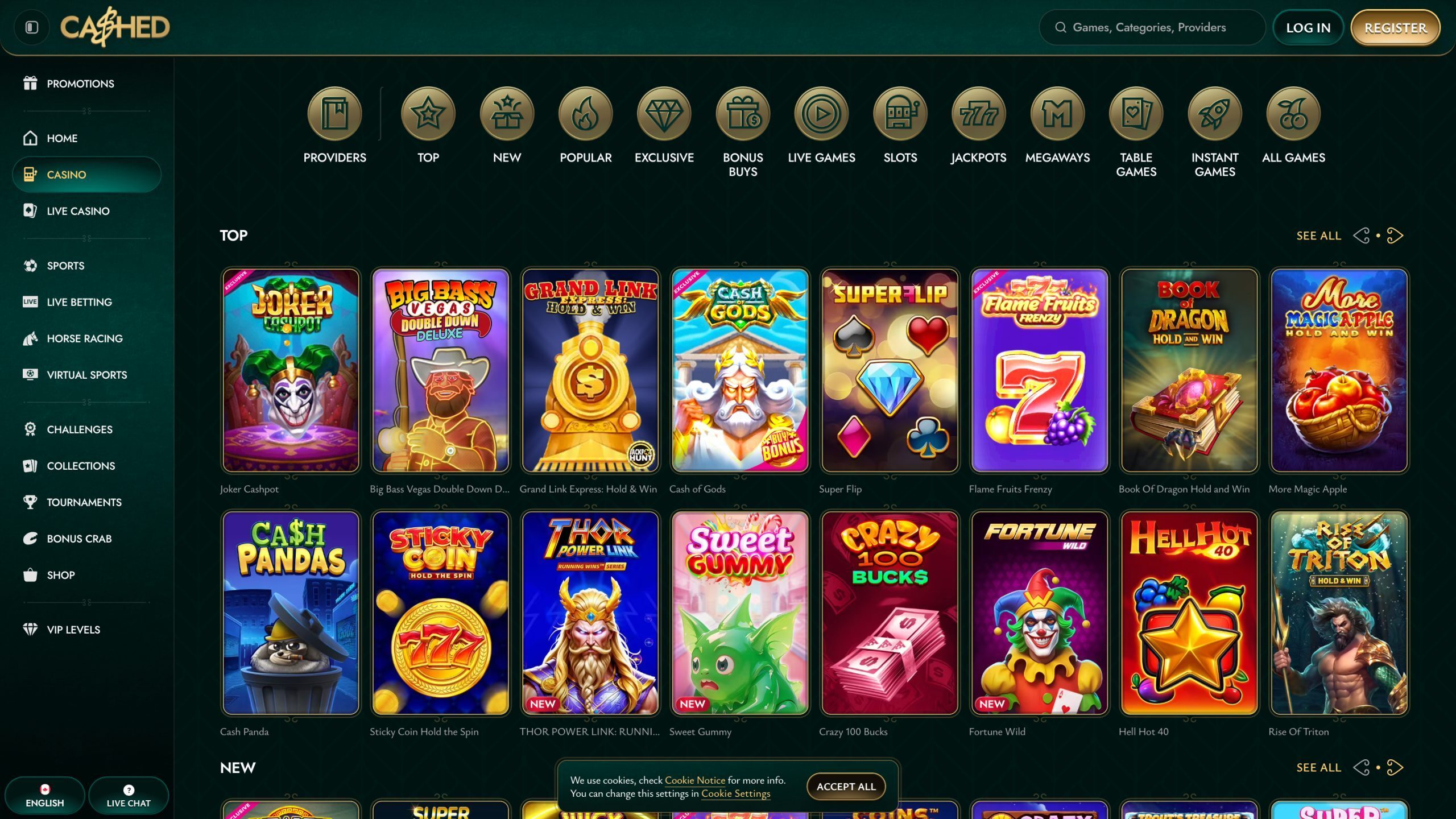 Cashed casino page screenshot