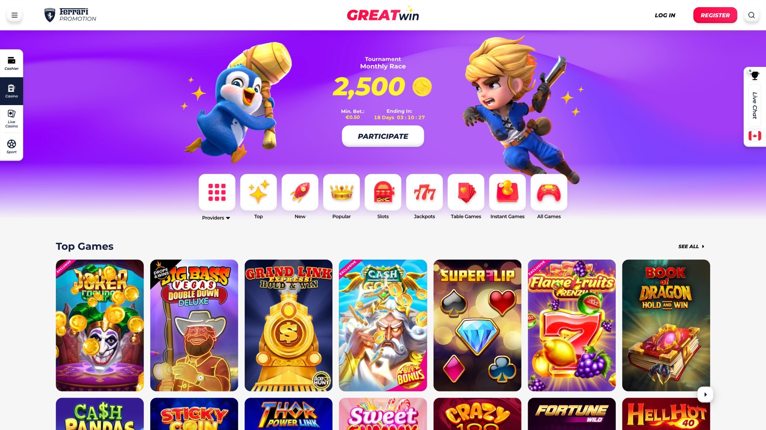 Greatwin Casino Page Screenshot