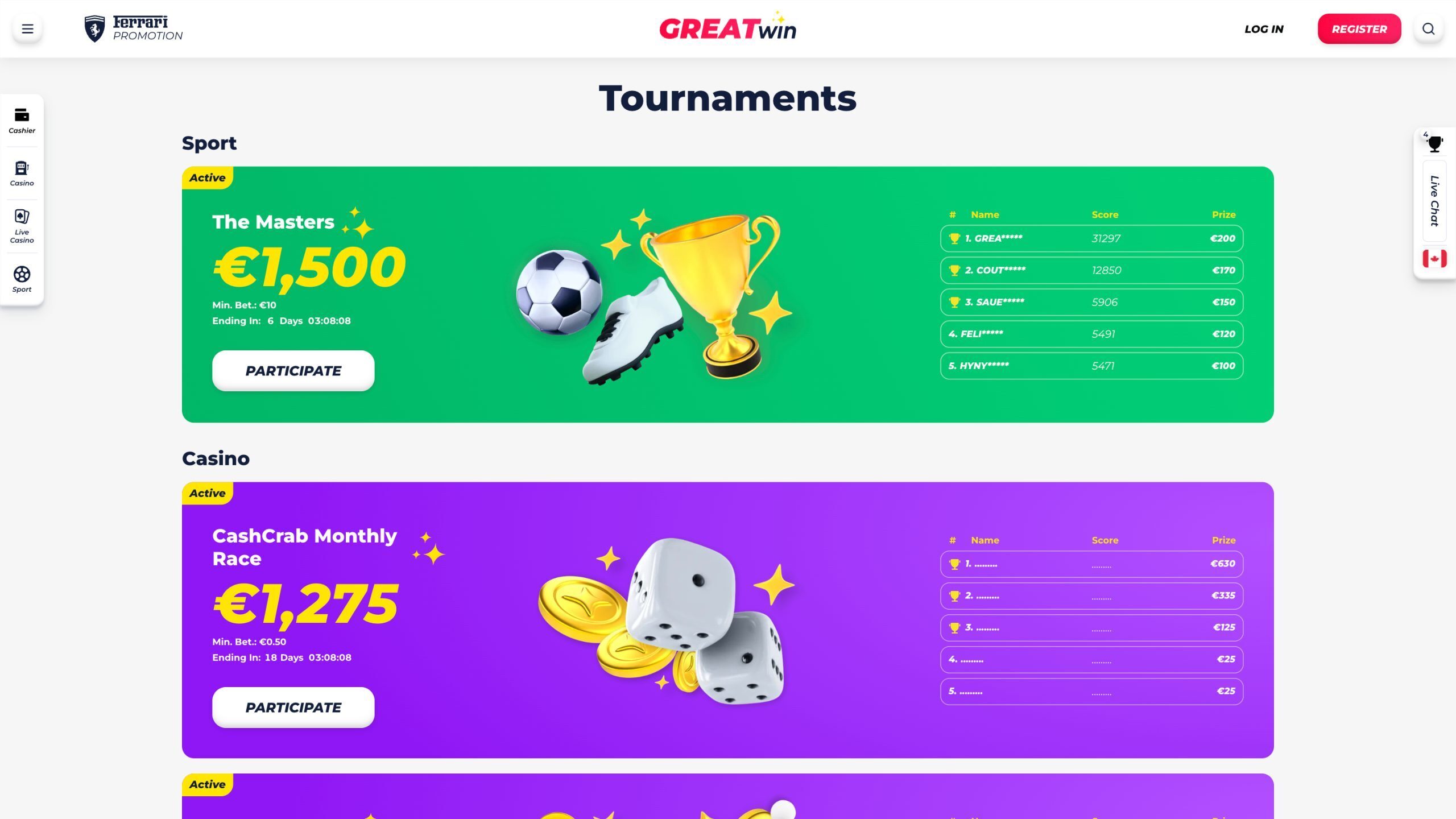 Greatwin Tournaments Page Screenshot