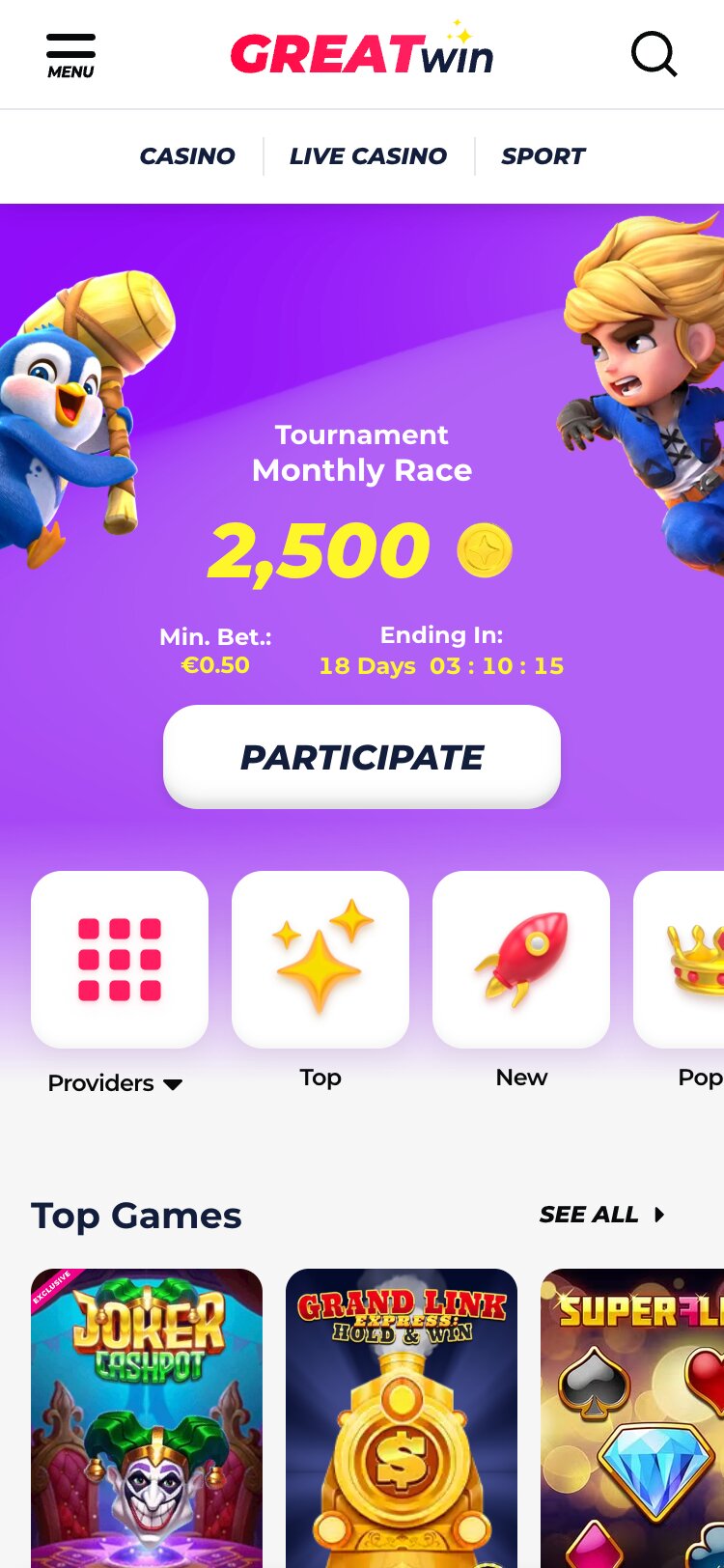 Greatwin Mobile Casino Page Screenshot