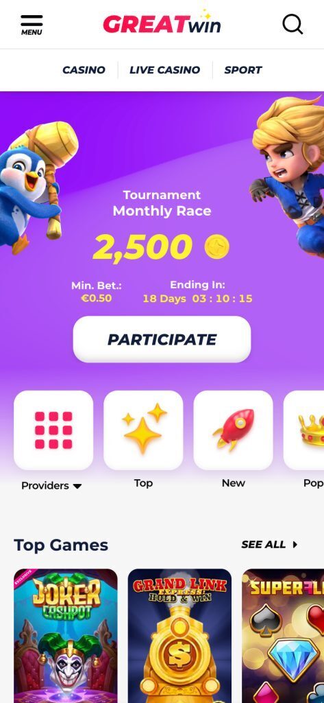 Greatwin Mobile Casino Page Screenshot