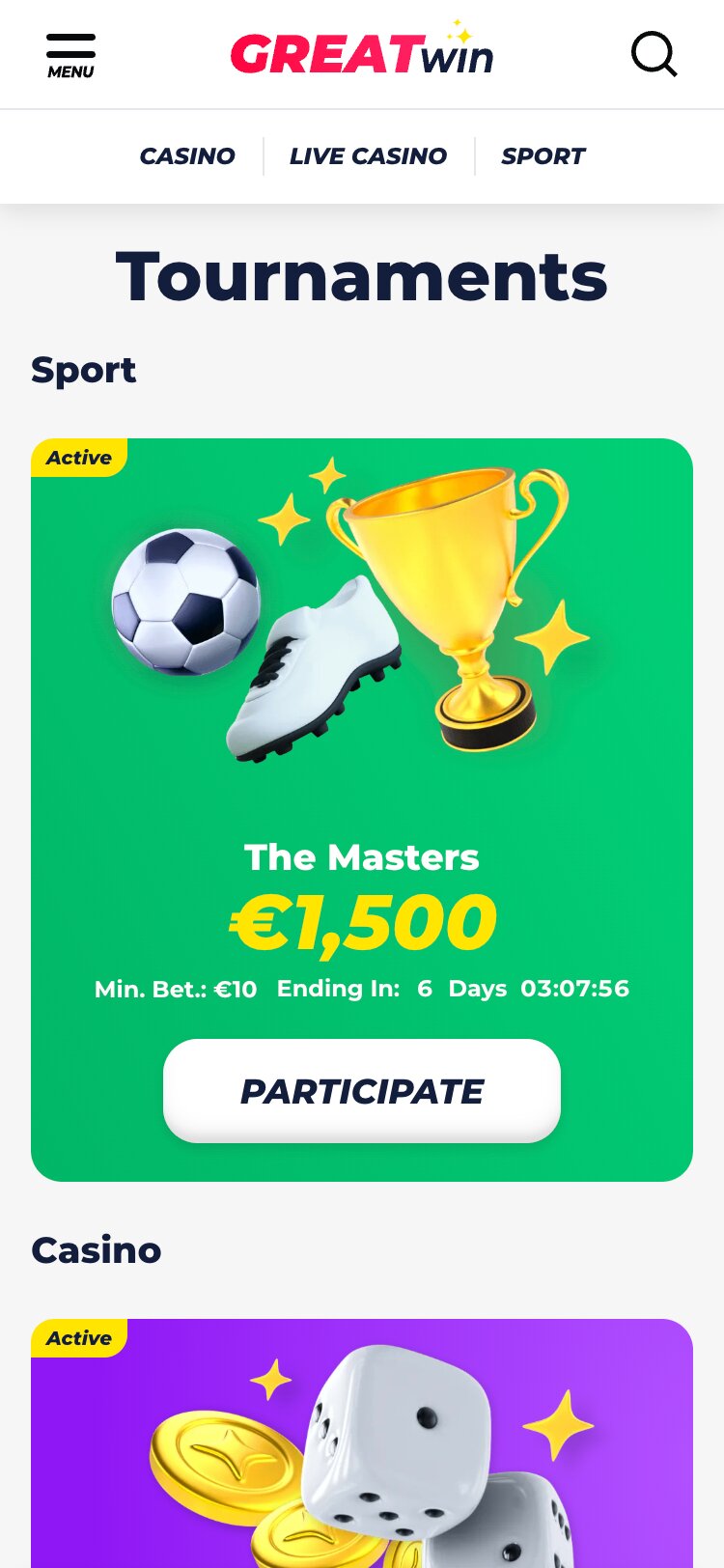 Greatwin Mobile Tournaments Page Screenshot