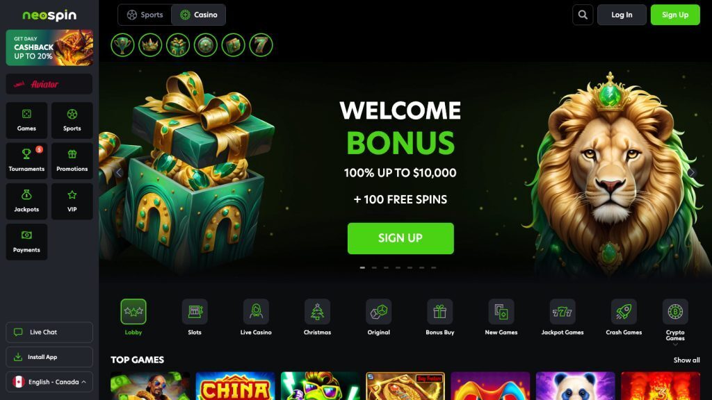 Neospin casino homepage