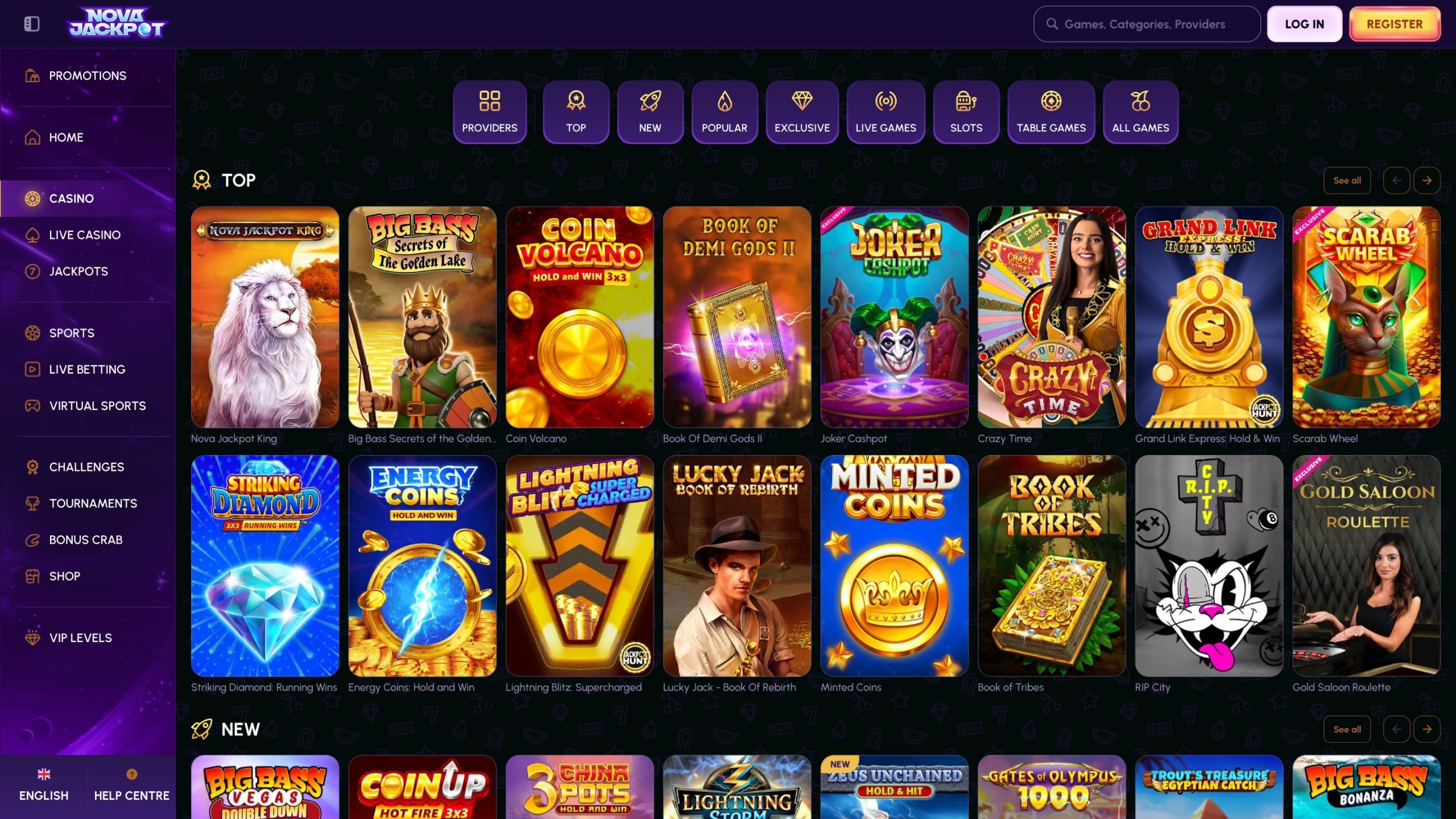 Nova Jackpot Casino Page Screenshot