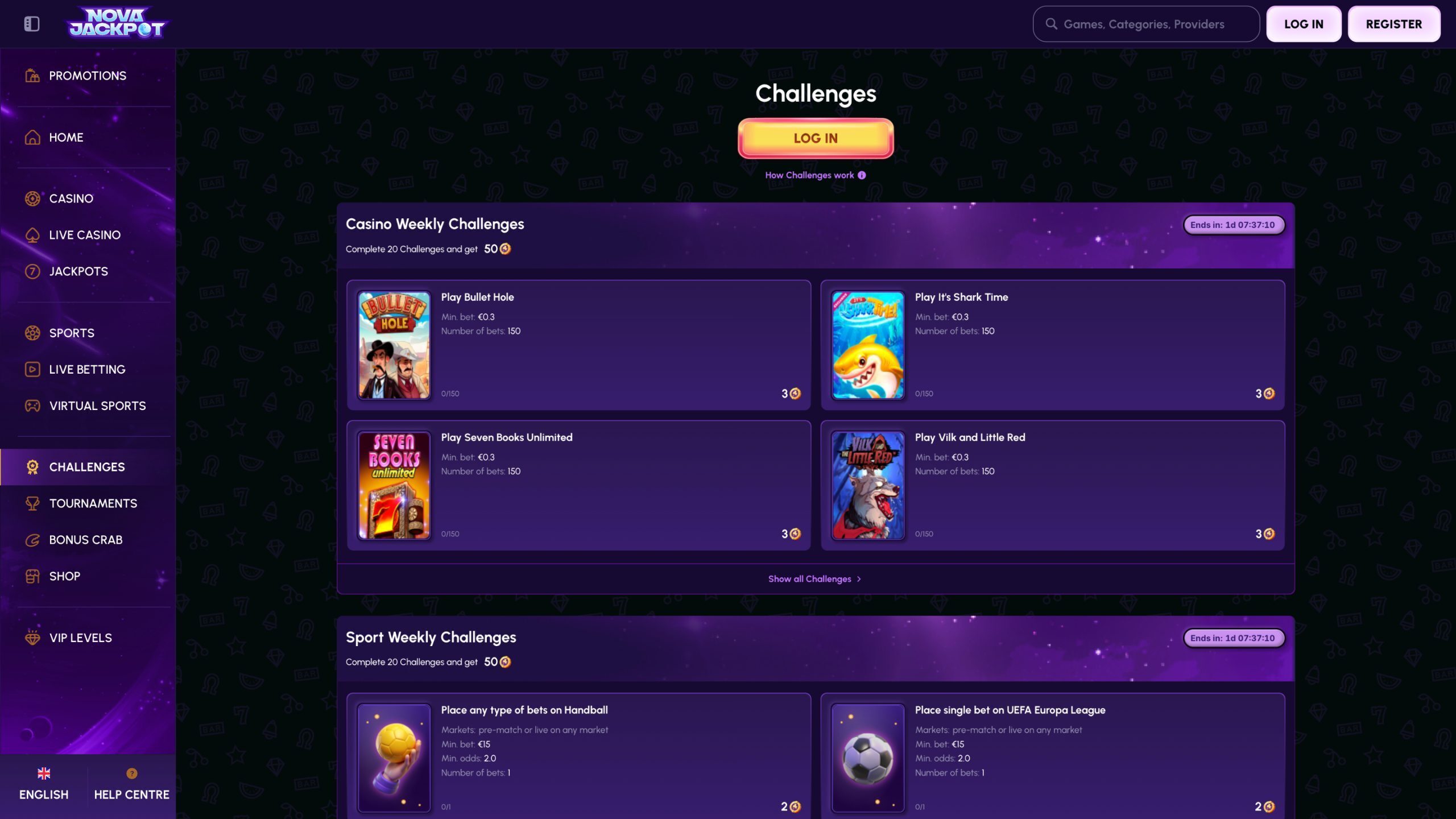 Nova Jackpot Challenges Page Screenshot