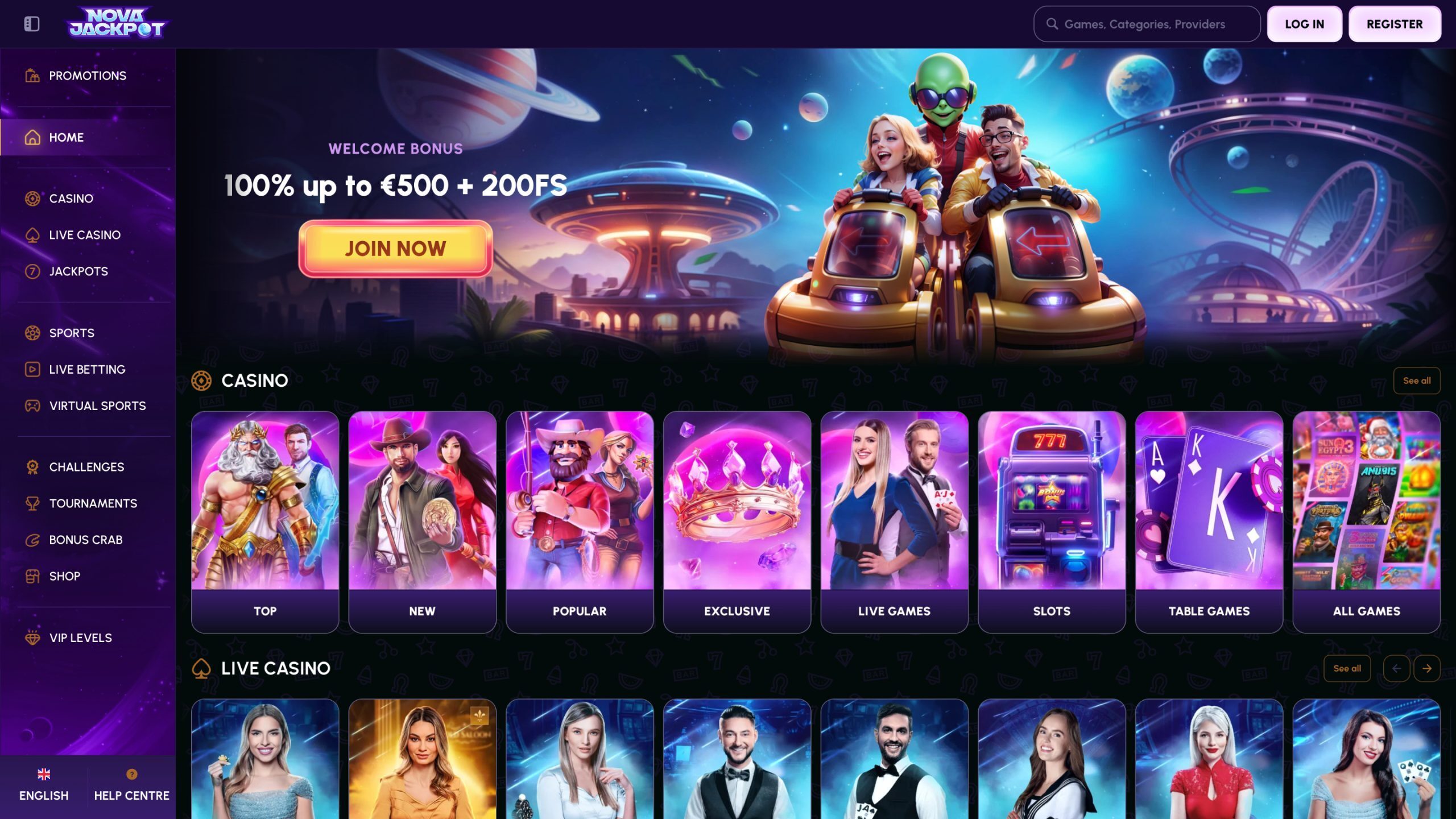 Nova Jackpot Homepage Screenshot