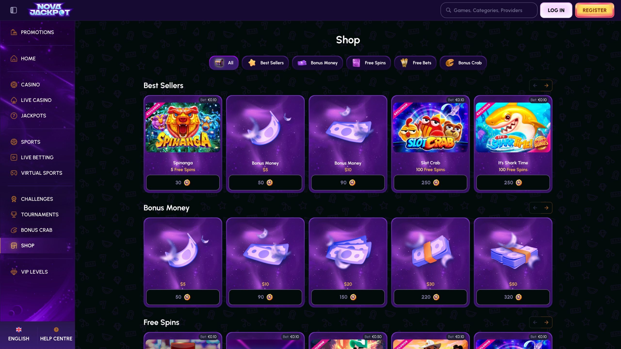Nova Jackpot Shop Page Screenshot