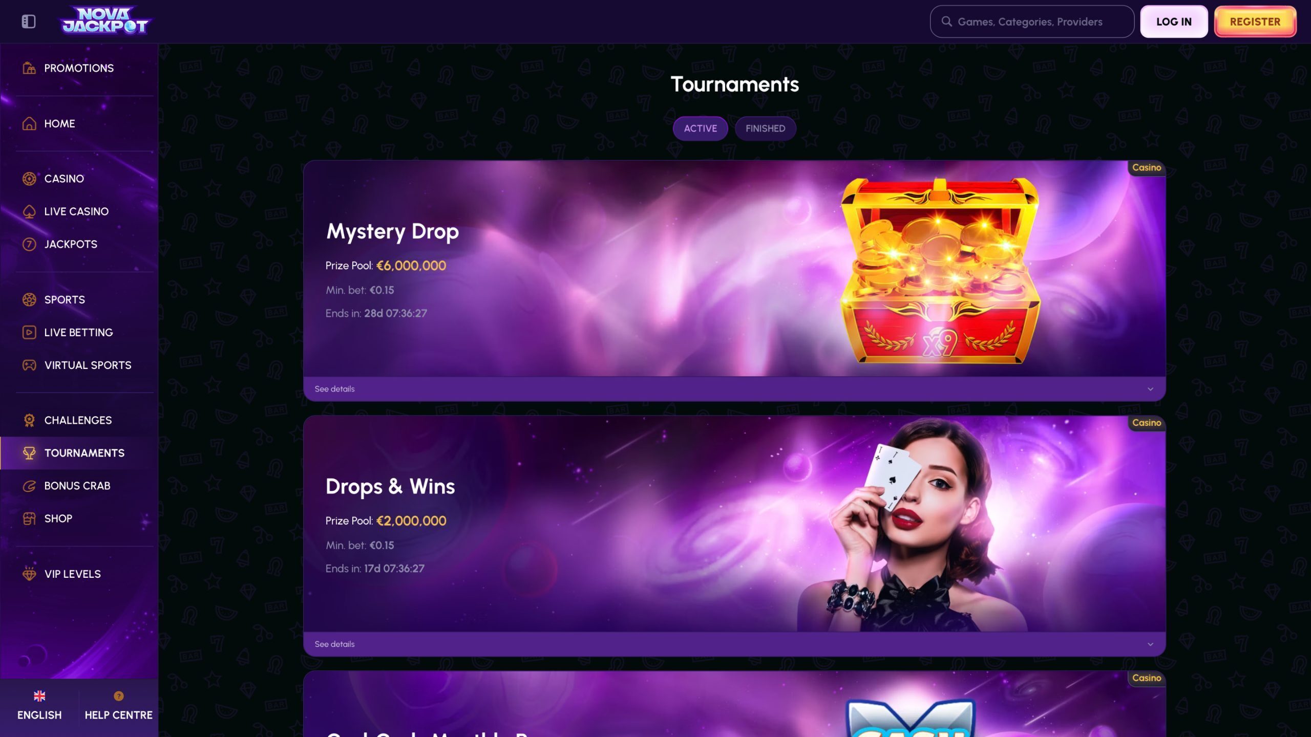 Nova Jackpot Tournaments Page Screenshot