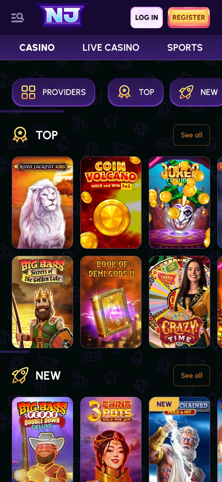 Nova Jackpot Mobile Casino Page Screenshot