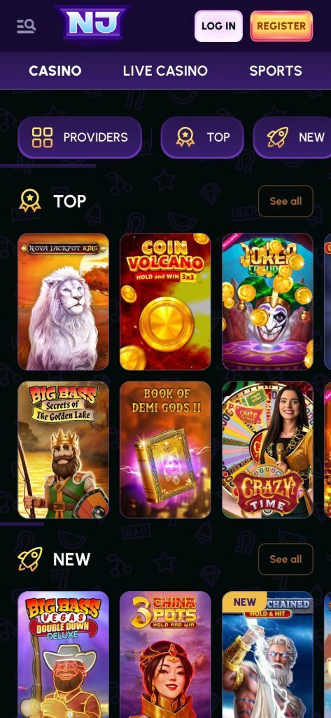 Nova Jackpot Mobile Casino Page Screenshot