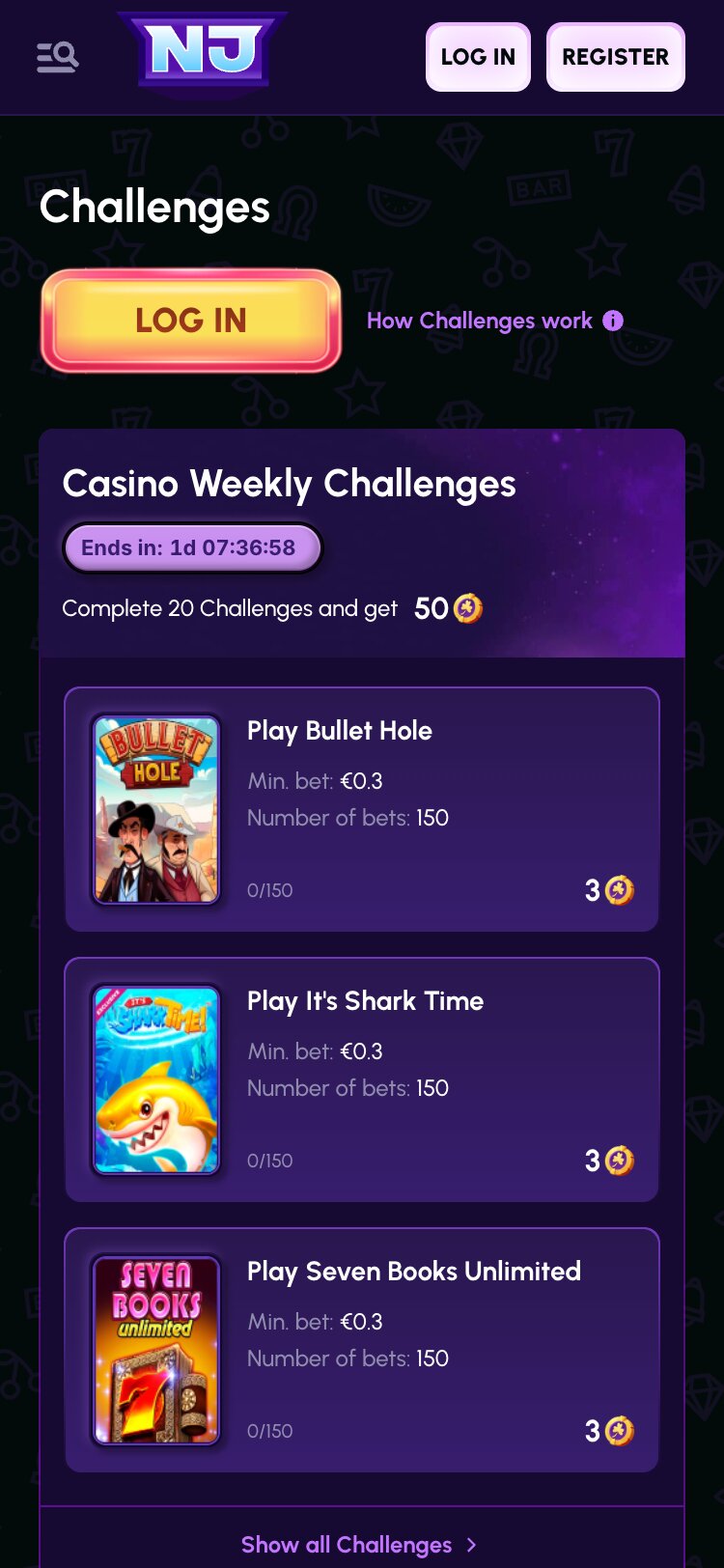 Nova Jackpot Mobile Challenges Page Screenshot