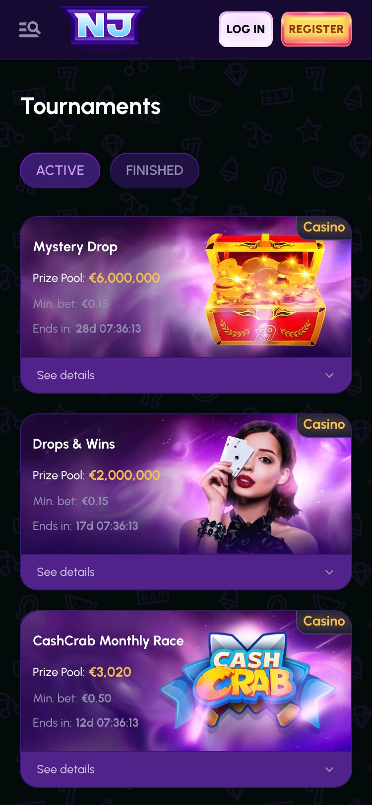 Nova Jackpot Mobile Tournaments Page Screenshot