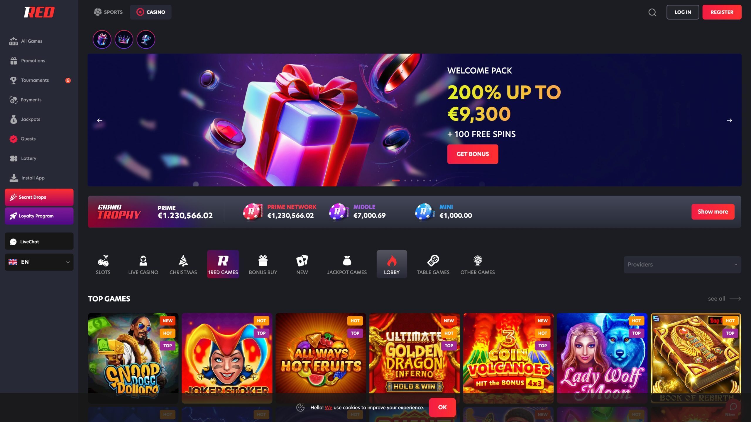 1Red Casino Homepage Screenshot