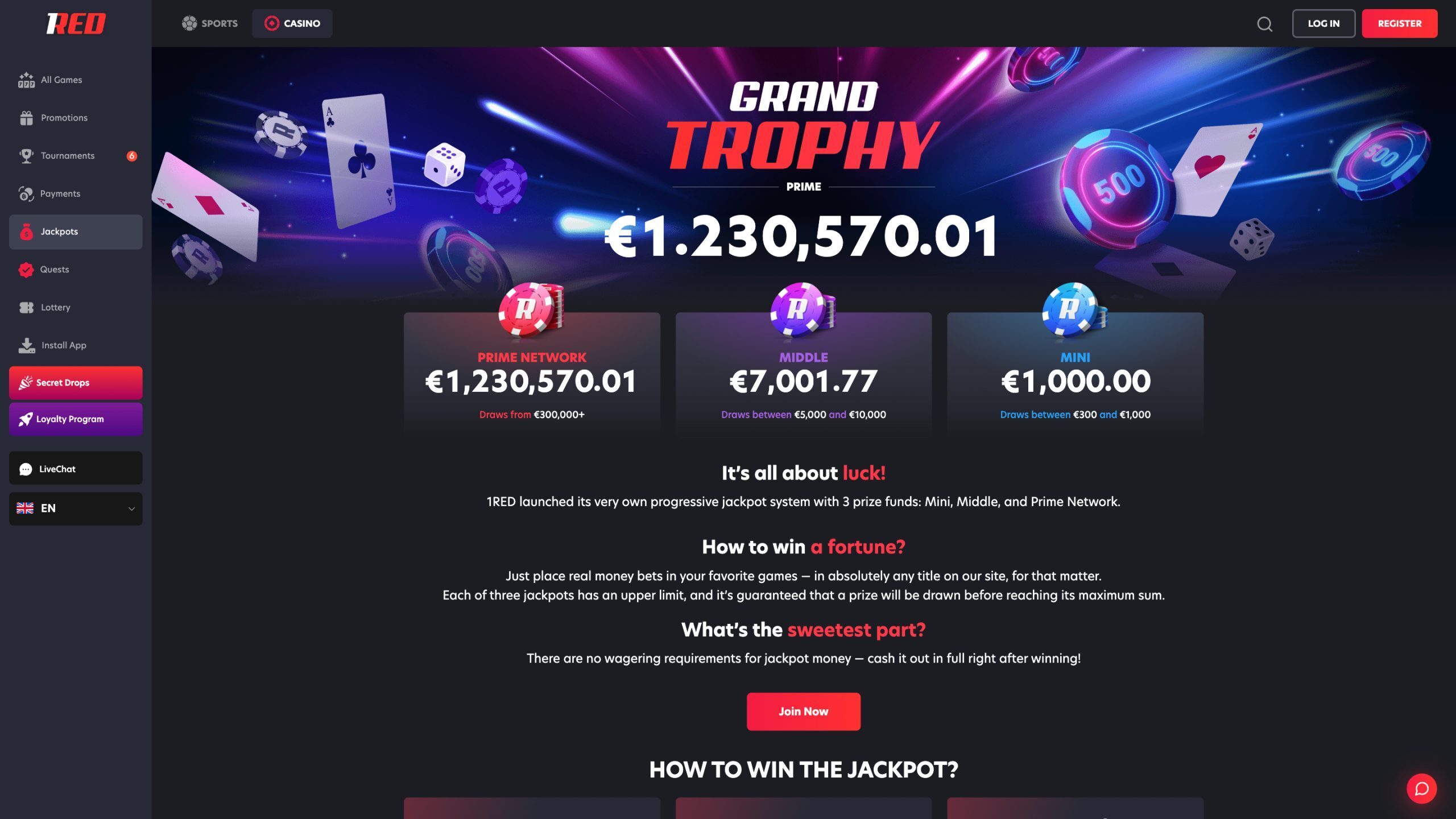 1Red Jackpot Page Screenshot