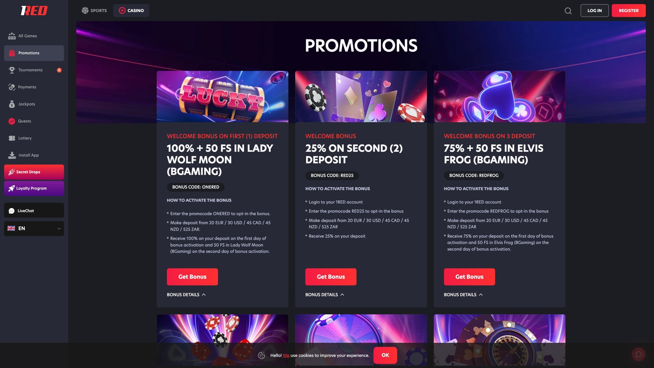 1Red Promotions Page Screenshot