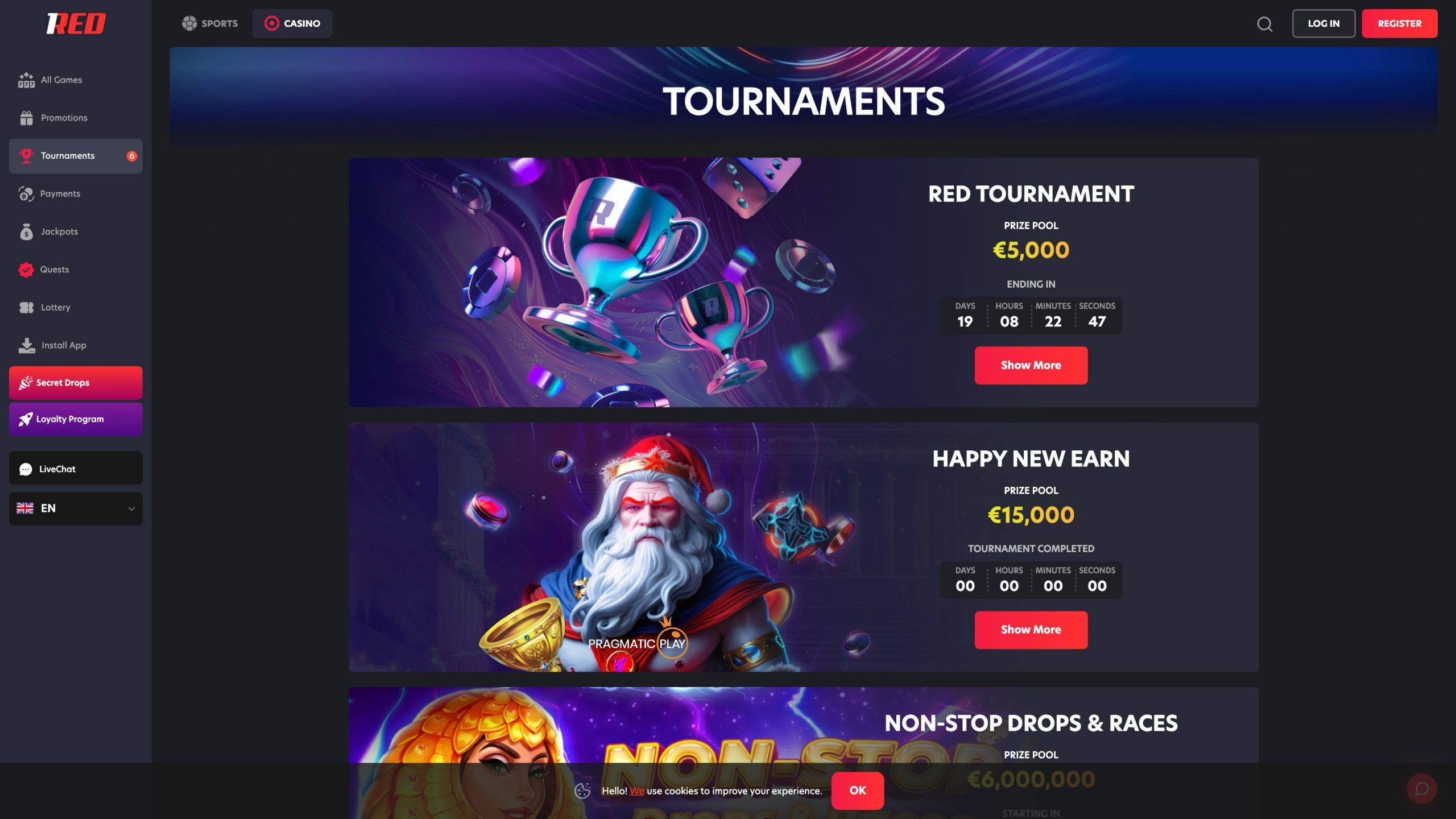 1Red Casino Tournaments Page Screenshot