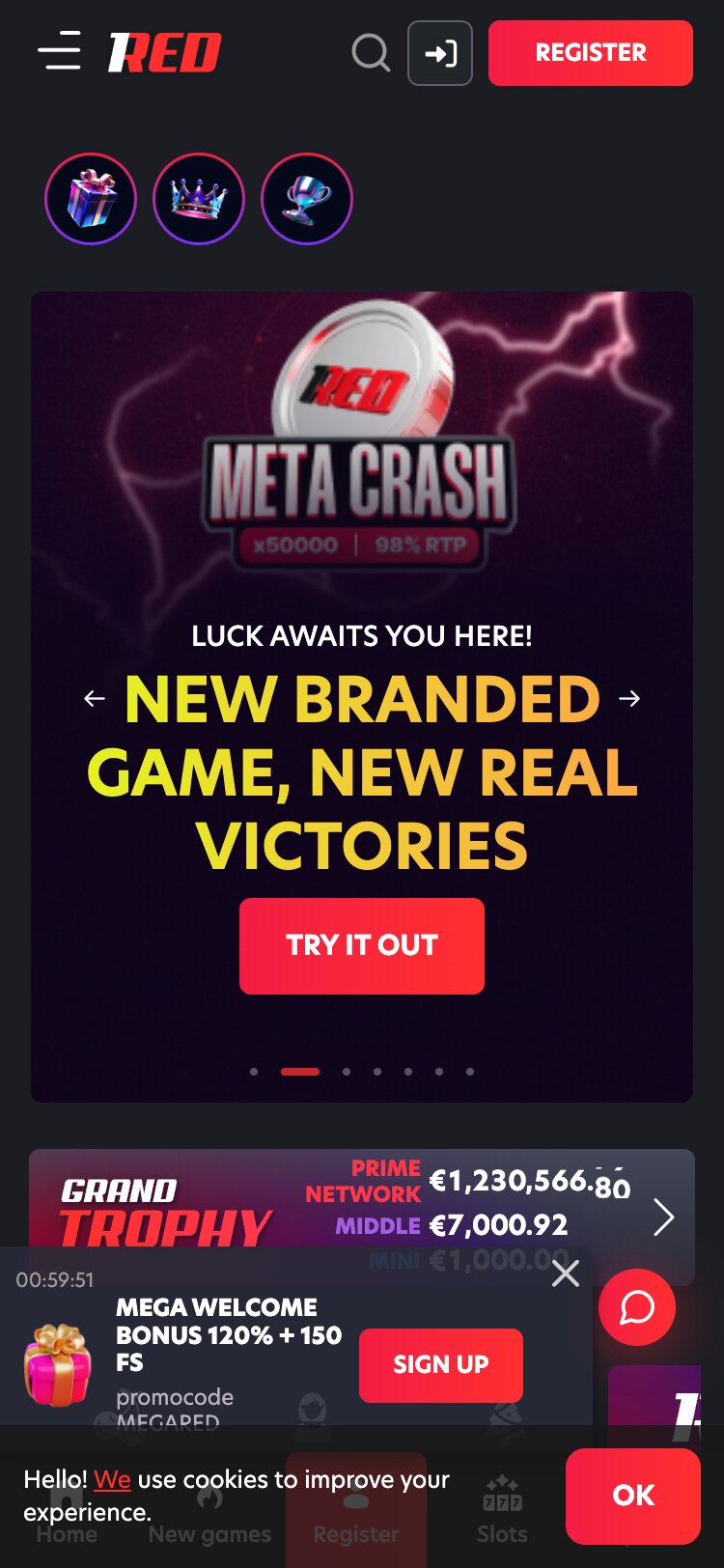 1Red Casino Homepage Mobile Screenshot