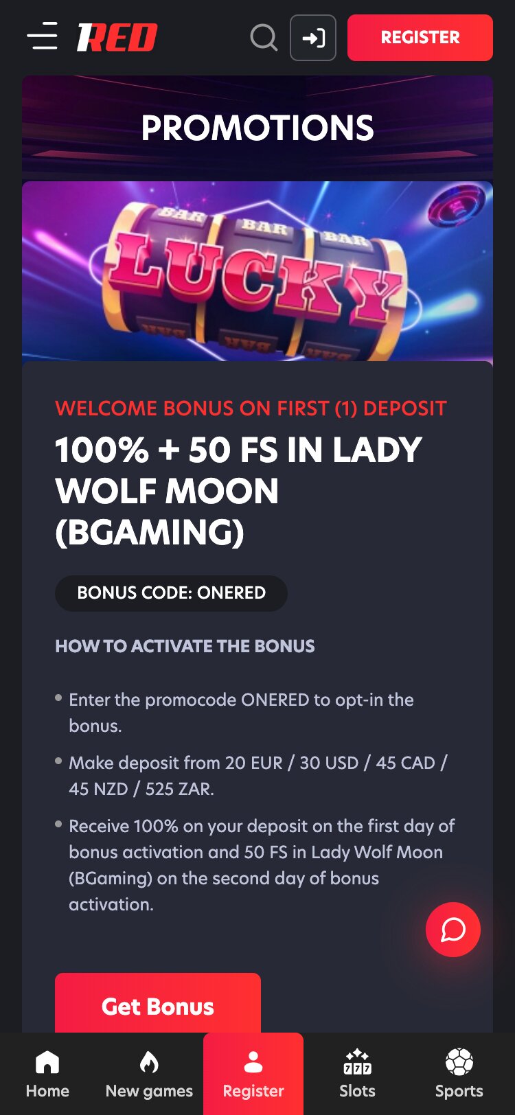 1Red Casino Promotions Mobile Screenshot