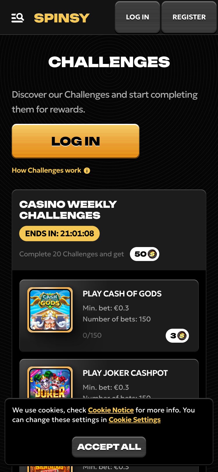 Spinsy challenges page mobile screenshot