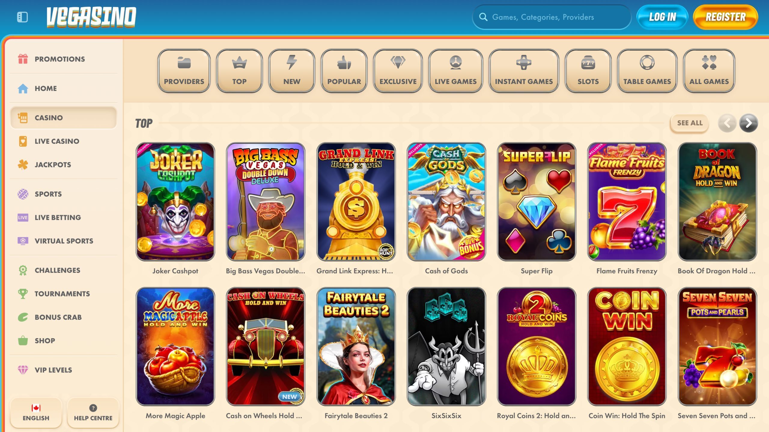Vegasino slots page, casino game tiles on beige background