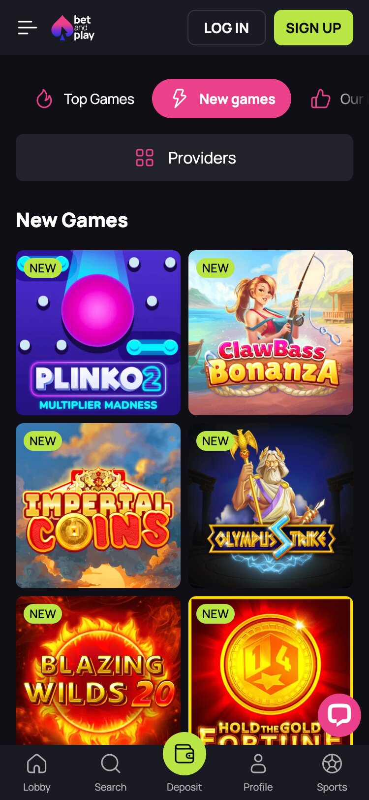 Betandplay Mobile Casino Page Screenshot