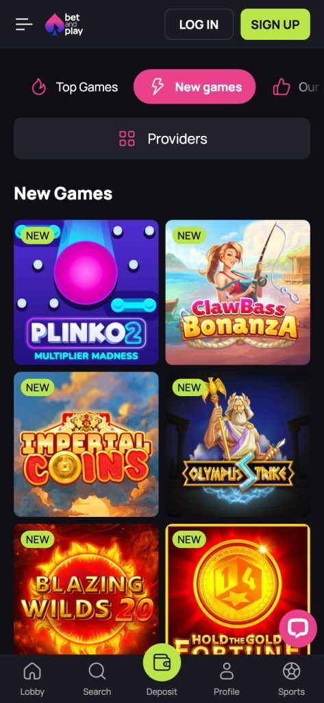 Betandplay Mobile Casino Page Screenshot