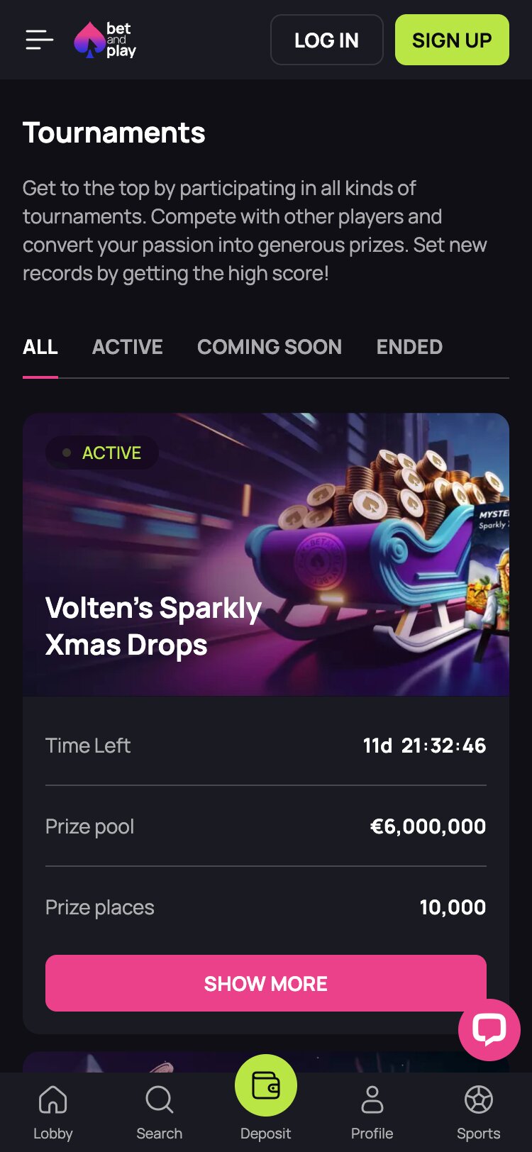 Betandplay Mobile Tournaments Page Screenshot