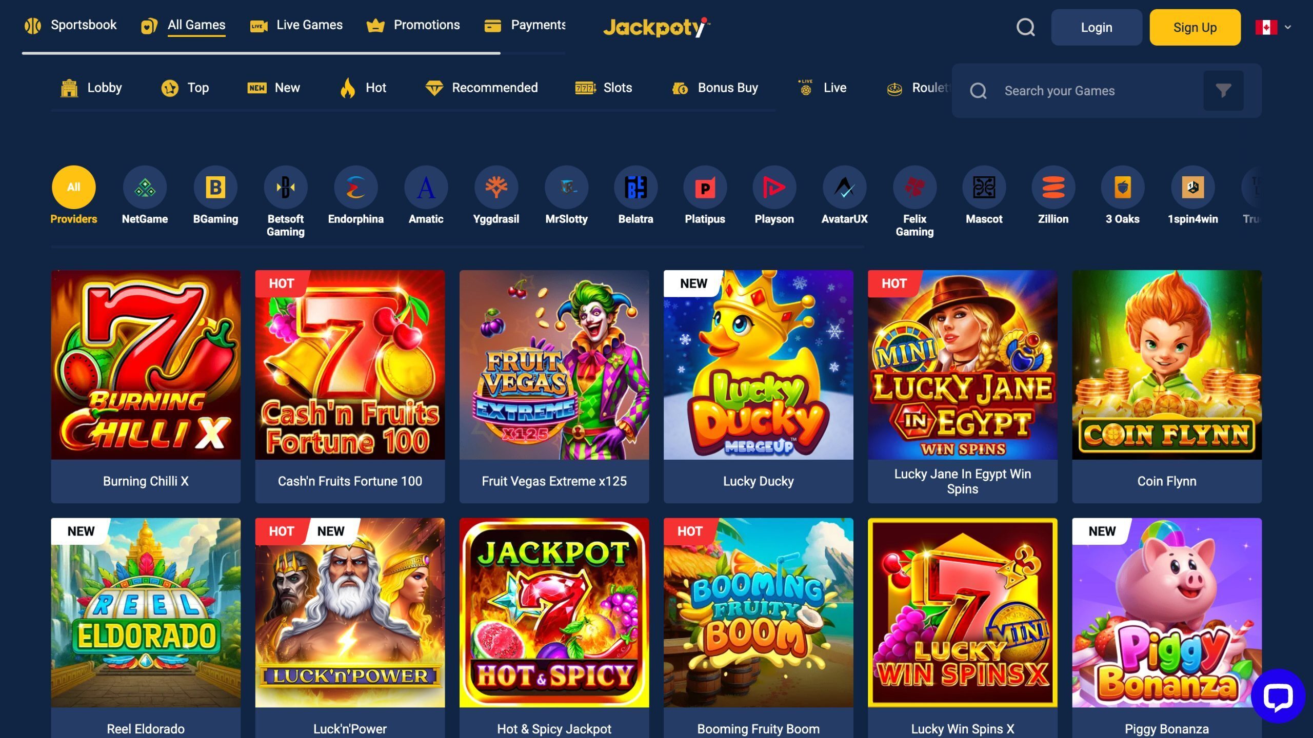 Jackpoty Casino Page Screenshot