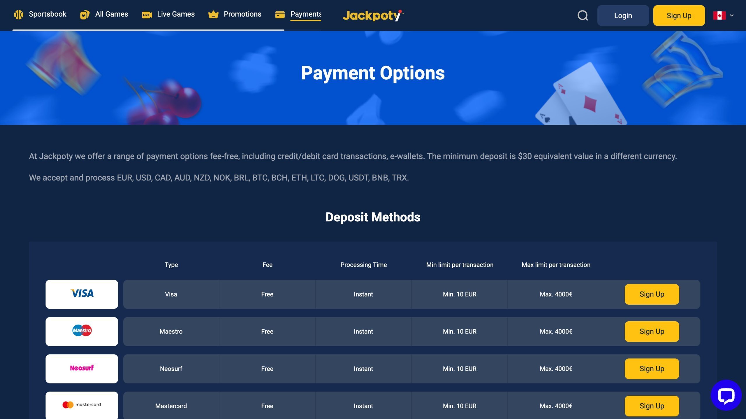 Jackpoty Payments Page Screenshot