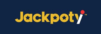 Jackpoty logo, yellow, white, and red text on blue background
