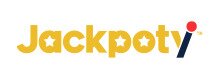 Jackpoty logo, yellow, blue, and yellow text on white background