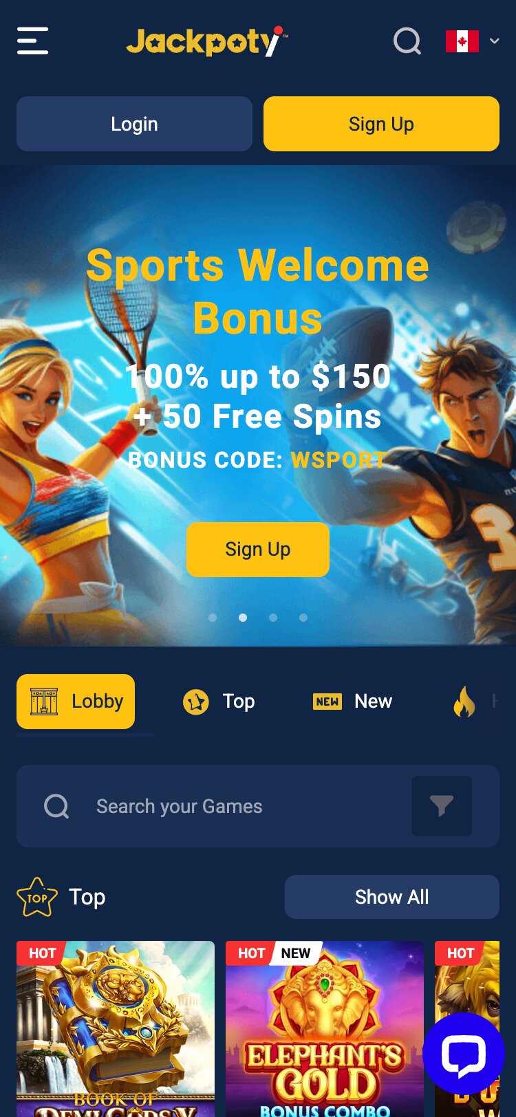 Jackpoty Mobile Homepage Screenshot