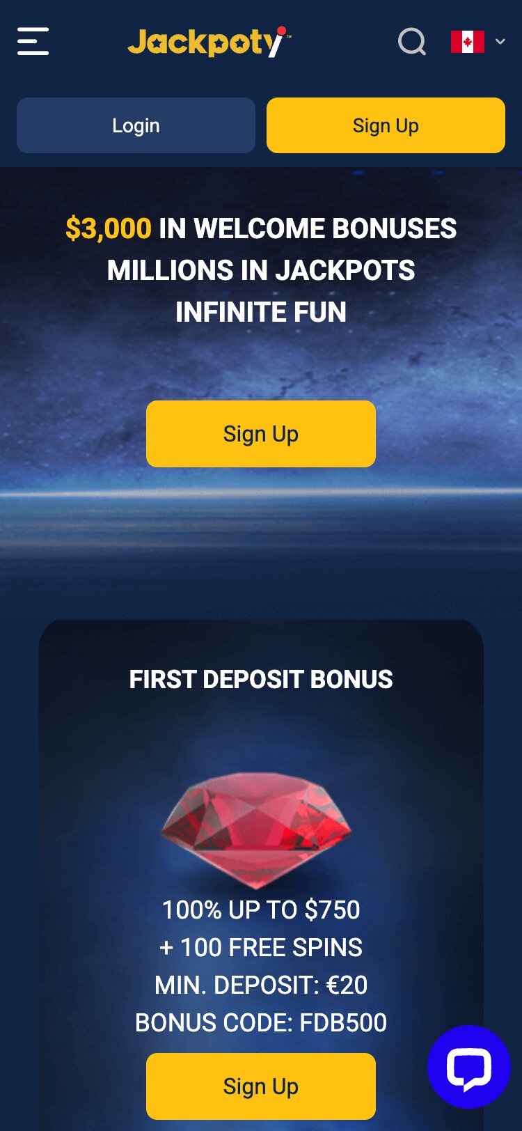 Jackpoty Mobile Promotions Page Screenshot