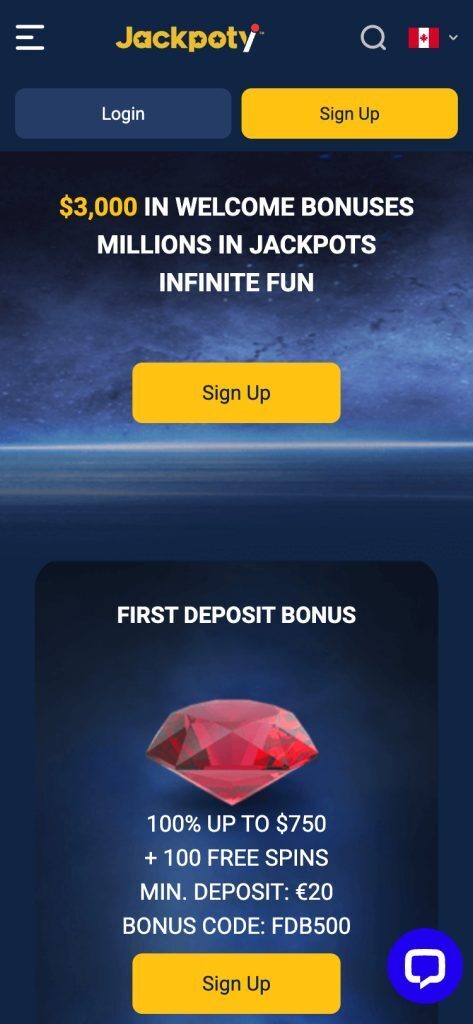 Jackpoty Mobile Promotions Page Screenshot