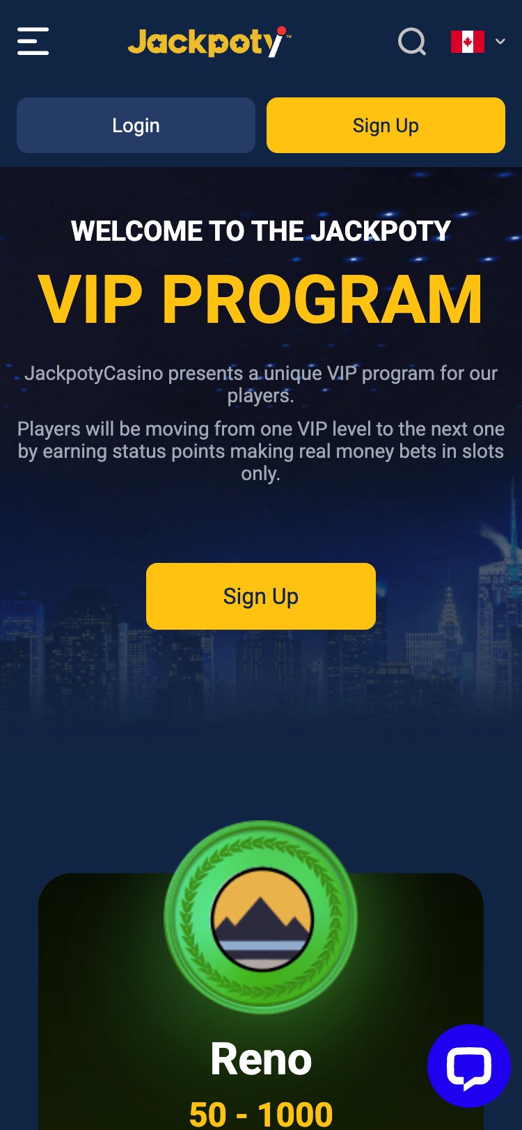 Jackpoty Mobile VIP Page Screenshot