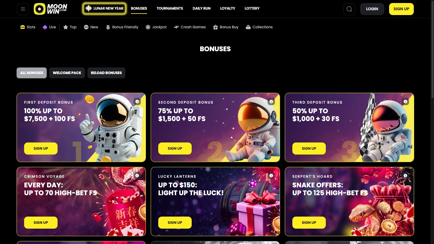 MoonWin Casino Bonuses Page Screenshot