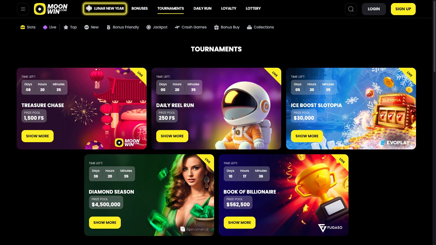 MoonWin Casino Tournaments Page Screenshot